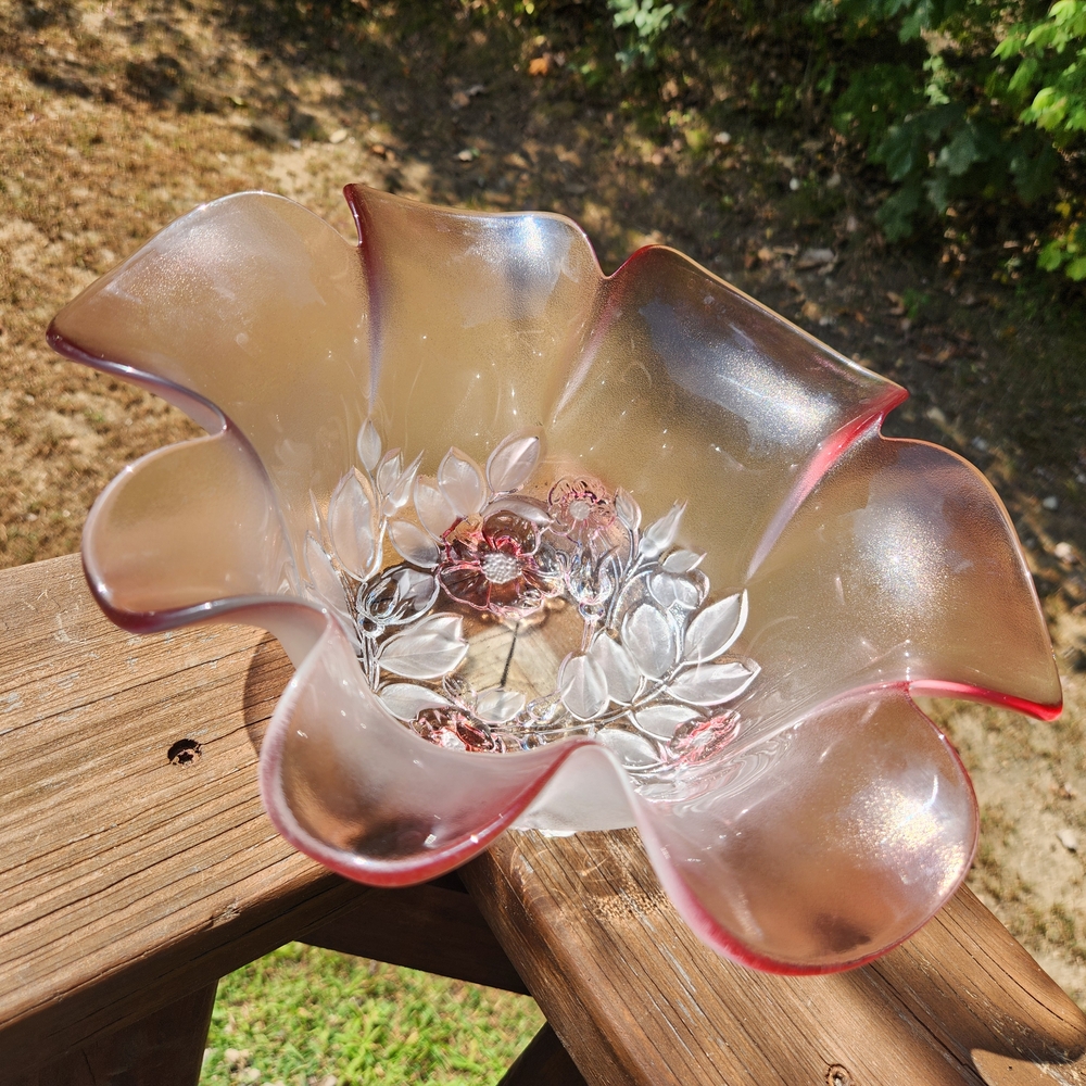 Vintage 1980's Mikasa Rosella Pink Roses Fluted Edge Glass Serving Bowl
